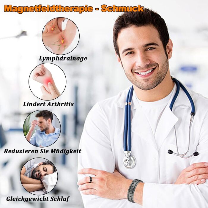 Браслет для лімфодренажу з магнітами для чоловіків, титан, регульований, з інструментом для зняття та подарунковою коробкою (Чорний) (3 ряди сірого кольору)