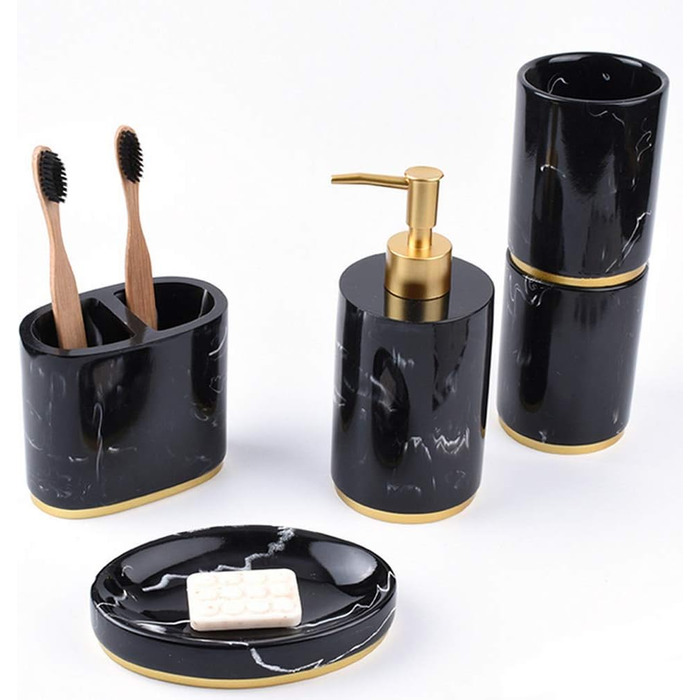 Набір аксесуарів для ванної кімнати 5 шт. з нержавіючої сталі, імітація мармуру, включає дозатор для мила, стакан для зубної пасти, мильниця, тримач для зубних щіток, набір для ванної кімнати, білий/чорний (білий + золото)
