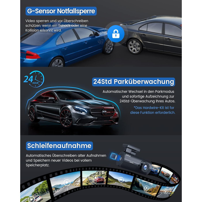 Відеореєстратор GKU Dashcam Auto: 2.5K, 1600P, WiFi, 170° Кут огляду, Mini, WDR, Нічне бачення, G-сенсор, Паркування, Loop, App, 256GB