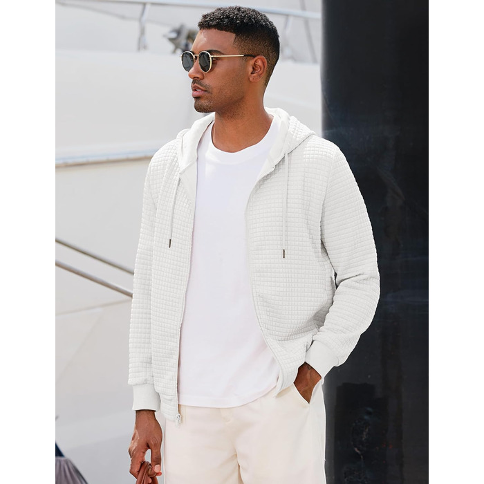 Світшот JMIERR чоловічий з капюшоном, світшот з довгим рукавом у вафельному стилі, повсякденна толстовка, світшот на блискавці з кишенями (білий, XL)