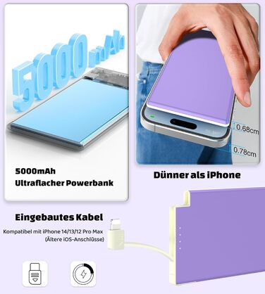 Power Bank Auskang 5000mAh Slim з кабелем для iPhone (сумісний з iPhone 14 та попередніми моделями) - фіолетовий+білий, 0.68 см
