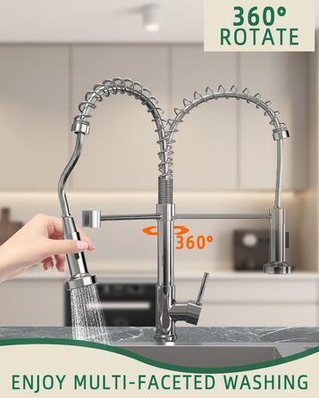 Кухонний змішувач з висувним виливом та душем, поворотний на 360°, з двома режимами розпилення, одноlever, хром