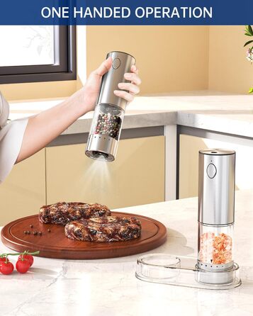 Електричні соляні та перечні млини CIRCLE JOY з нержавіючої сталі з підставкою, 95 мл, біле LED-підсвічування, регульована ступінь помелу, срібний колір