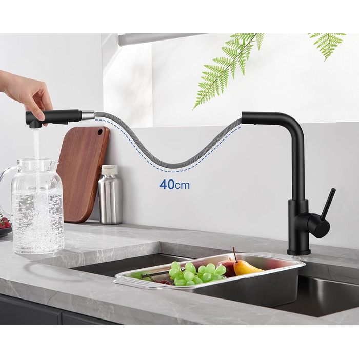 Висувна кухонна змішувач з душем, 360° поворот, кухонна арматура з двома режимами струменя, з нержавіючої сталі, чорний, з висувною насадкою