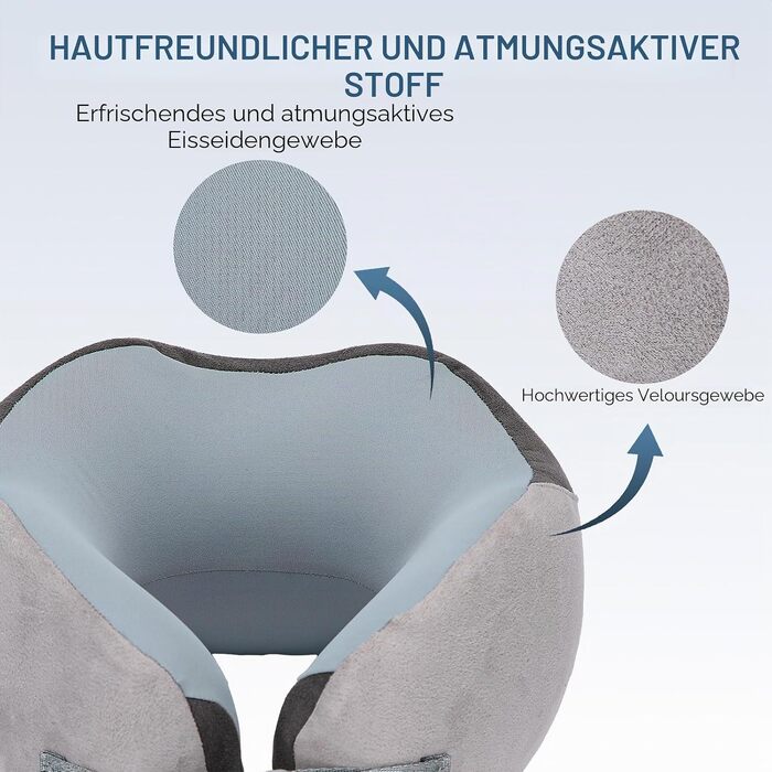 Подушка для подорожей Euqvunn з ефектом пам'яті (Memory Foam), ергономічна подушка для шиї в літак з охолоджуючим льодяним шовком та сумкою для зберігання, сіра