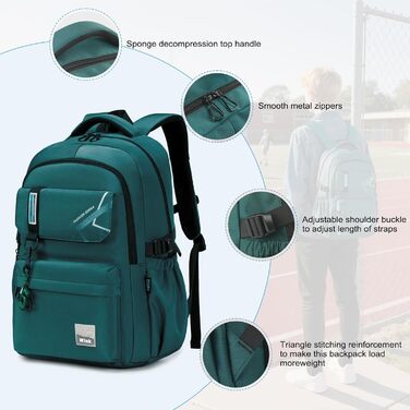 Шкільний рюкзак для хлопчиків та дівчаток-підлітків, 8-14 років. Великий рюкзак для школи, буденний та для подарунків. (Темно-зелений)