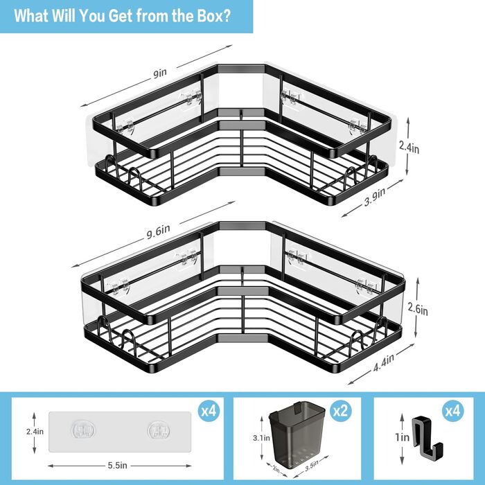 FINIBO Shower Shelf No Drilling, 2 Pack Adhesive Corner Shelf Bathroom Organizer, Shower Shelf Stainless Steel with 4 Hooks and 2 Toothpaste Holders, Black Shower Shelf Shower Basket for Bathroom Kitchen