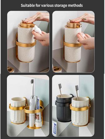 Wall-Mounted Toothbrush Holder No Drilling - Toothbrush Holder, Toothbrush Holder Bracket, Toothbrush Cup Holder, Self-Adhesive, Travel, Aluminum, Bathroom Mounted (Gold, 9.2x7x12.5cm)