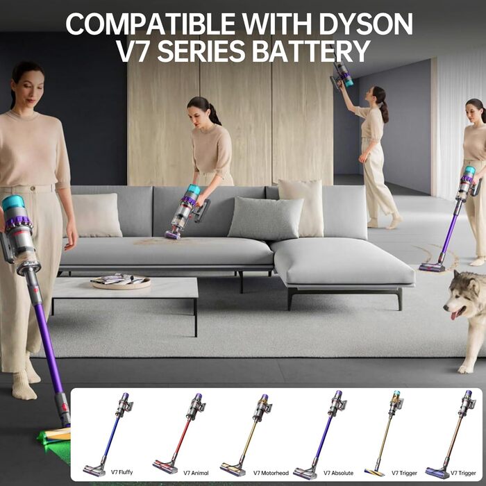Запасний акумулятор для пилососа Dyson V7, 8000 mAh, сумісний з моделями Motorhead Pro Absolute, Fluffy, Car + Boat, Mattress, Motorhead, Allergy, Wireless, 229687 та іншими