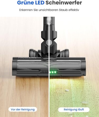 Бездротовий пилосос Proscenic P13: акумуляторний, 45KPa, 550W, 45 хв, з сенсорним екраном, зелене підсвічування, зарядний блок для стіни, анти-намотування, для килимів, твердих поверхонь, автомобіля, шерсті тварин (сірий)