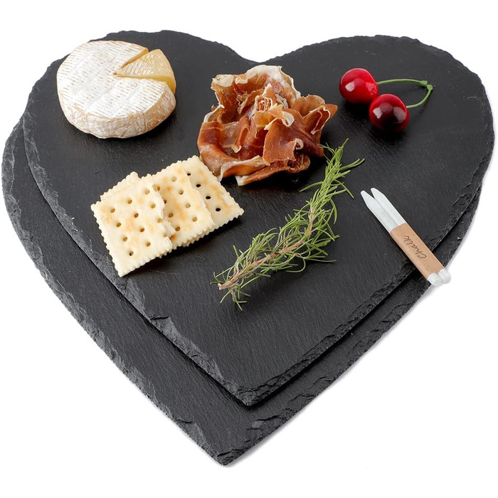 Large Slate Heart 30 cm, 2-Piece Set, Slate Heart Plate with Chalk Marker, Black Slate Serving Platter, Slate Hearts for Serving & Labeling