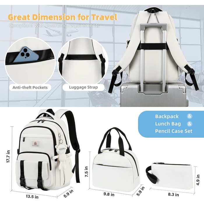 Шкільний рюкзак для підлітків, дівчаток, студентів. Великий, 39.6 см (15.6 дюймів), відділення для ноутбука, антикрадійний, бежевий