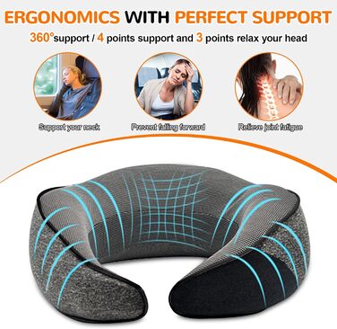 Подушка для шиї у літак, подушка для подорожей Memory Foam 360° підтримка, подушка-вичка з навушниками, маска для сну та сумка. Регульована, компактна подушка для подорожей літаком, автомобілем, поїздом. Чорний колір