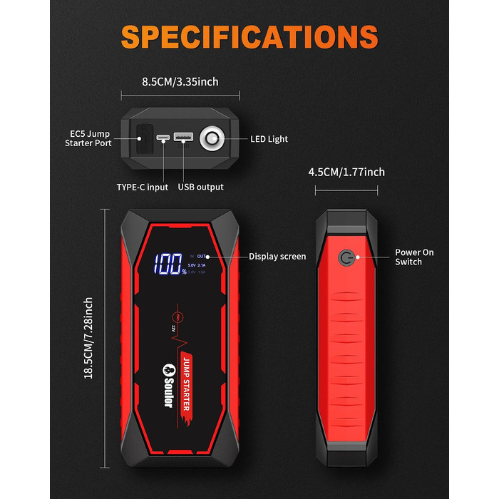 Бустер для автомобіля Cy8 5000A — Потужний пусковий пристрій (Jump Starter) для бензинових двигунів до 8л та дизельних до 6л, 12V, з LED-ліхтарем та EVA-кейсом
