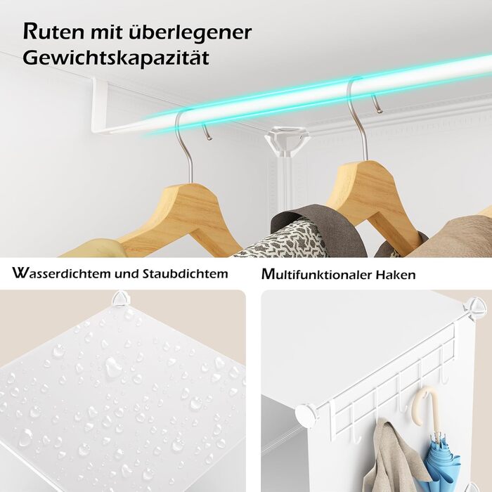 HOMIDEC Wardrobe, Portable Shelving System, 20-Cube Closet Organizer made of Plastic with 2 Clothes Rods, Bedroom Wardrobe Closet White for Bedroom, 180 x 142 x 45cm