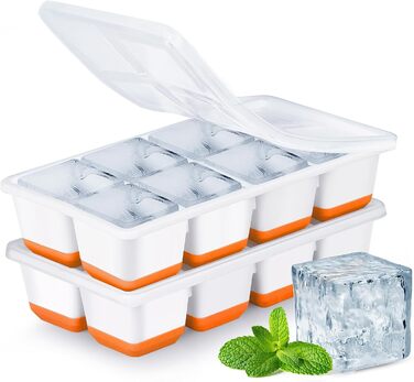 Форма для льоду JRISBO (2 шт) з кришкою, великі кубики льоду, силікон, BPA-free, LFGB-сертифікована, оранжева