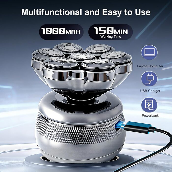 Електричний бритва для голови Glatzen Herren: професійний бритва для гоління голови, вологий та сухий, з LED-дисплеєм, 2 швидкості, сріблястий