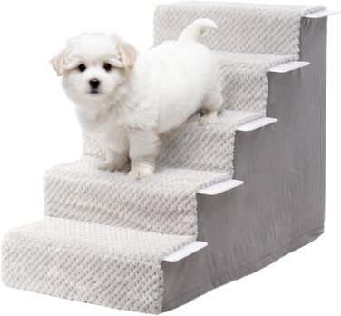 KSIIA Dog Stairs for Small Dogs 44cm High, Pet Stairs with Removable Washable Cover, Cat Stairs for Old Cats and Dogs, Non-Slip Dog Ramp Dog Stairs for Bed Sofa, Grey (5 steps (L75 x W40 x H55 cm))