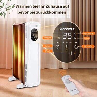 Електричний масляний радіатор Aigostar Snug 2500W з пультом керування, 13 ребер, термостат, 3 режими, ECO, таймер 24г, LED, захист від перекидання та перегріву