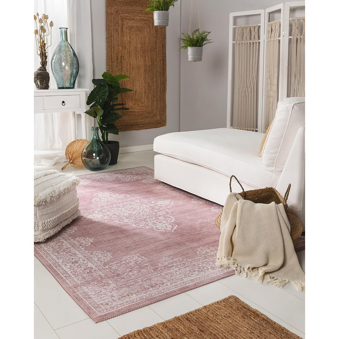 benuta pop Laury Rug - Synthetic Fiber - Rectangular & in Vintage Style - Easy Care for Living Room, Bedroom, Pink, 160x230 cm 160 x 230 cm (Rectangular) Pink