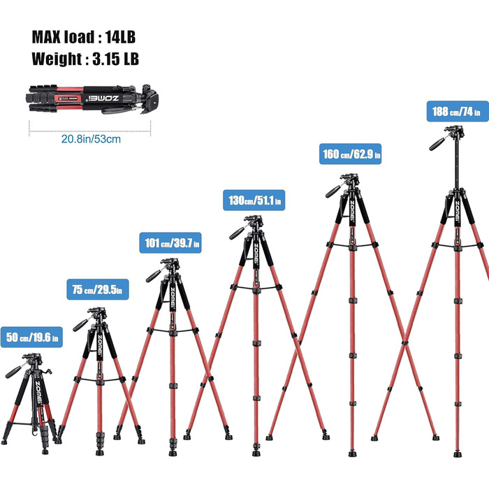 Штатив ZOMEi 188 см, професійний, для DSLR, телефонів, проекторів, телескопів (чорний/червоний)