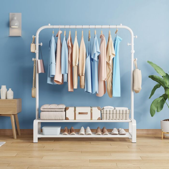 Clothes Rack, Coat Rack Stable Clothes Rod with 6 Hooks and 2 Shoe Shelf Storage Shelf, Bedroom Clothes Rack Freestanding Clothes Rail, (White)