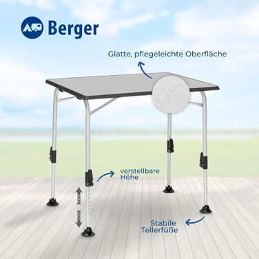 Стіл кемпінговий розкладний BERGER Ivalo 2, 80x60 см, алюмінієвий, регульована висота, для саду, балкону, тераси