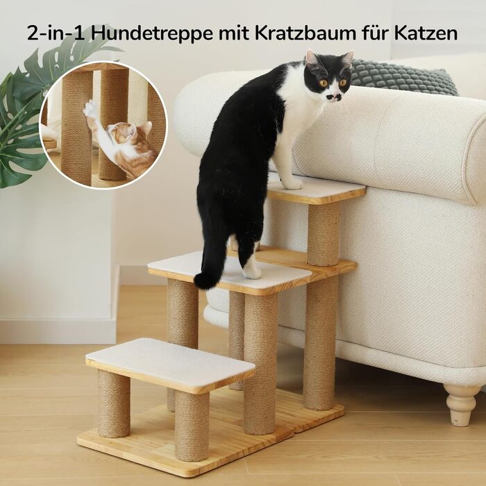 Сходинки для собак FUKUMARU: 3 сходинки з натурального дерева та джуту, регульована висота 18-51 см, витримують до 90 кг, знімний м'який підвішун