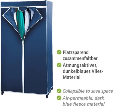 WENKO Wardrobe Air, practical fabric wardrobe for dust-free storage of textiles, stable metal frame, easy assembly, breathable non-woven material, 75 x 150 x 50 cm, Navy