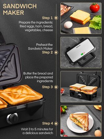 Sandwichmaker 1200W 3-в-1: сендвічниця, вафельниця, контактний гриль з регулюванням температури та антипригарним покриттям | LED-дисплей, нержавіюча сталь/чорний