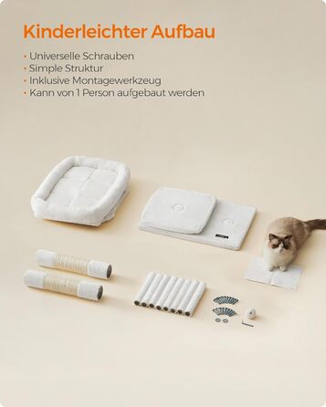 Feandrea Cat Tree, 84 cm Cat Tree, L, Cat House for Large Cats up to 7 kg, Large Platform, 2 Cat Caves, Sisal Posts, PCT61W (L (60 x 40 x 84 cm), Cream White)