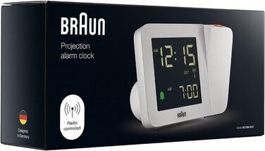 Braun Digital Radio Projection Clock for Central European Time Zone (DCF) with Negative LCD Display, Quick Set and White Alarm Beep, BC15W-DCF.