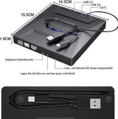 Зовнішній CD/DVD привід для ноутбука та ПК USB 3.0 & Type-C, DVD-RW записувач з картридером SD/TF та USB-хабом для Windows, Linux, Vista