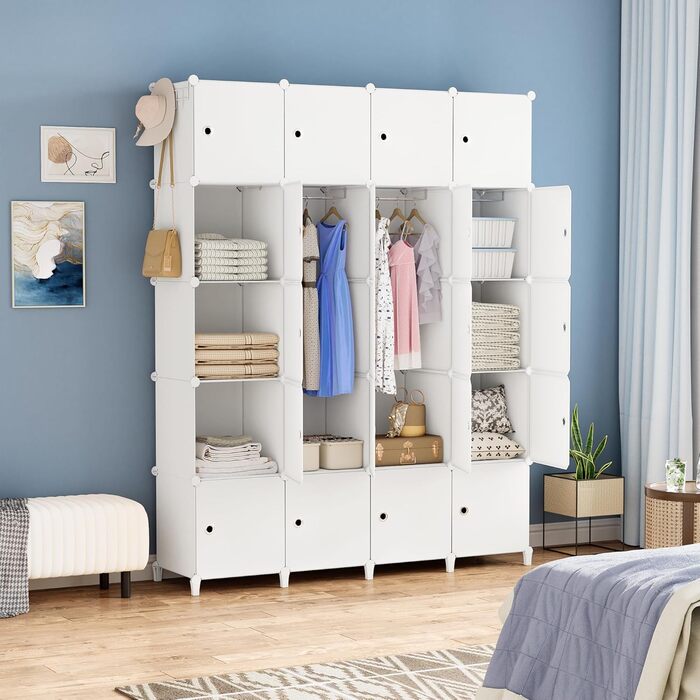 HOMIDEC Wardrobe, Portable Shelving System, 20-Cube Closet Organizer made of Plastic with 2 Clothes Rods, Bedroom Wardrobe Closet White for Bedroom, 180 x 142 x 45cm