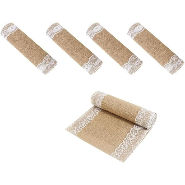BIT.FLY Jute Table Runner with Lace - 5 Pack 30 x 275cm Table Runner Wedding Decoration Table Band made of Natural Linen for Weddings, Dinners, Parties, Table Decorations