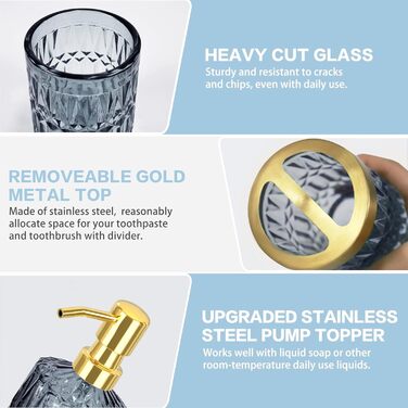Преміум набір аксесуарів для ванної кімнати зі скла (5 шт.) - склянка, ватні палички, мильниця, дозатор мила, тримач для зубної щітки, ретро-модерн, подарунок на весілля