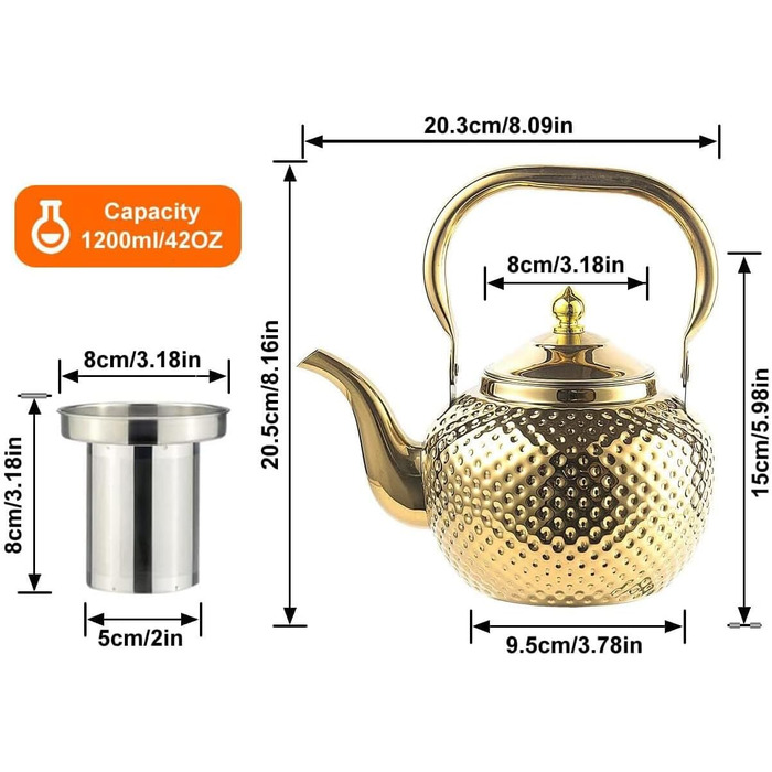 Чайник заварник SANQIAHOME 2.0L з нержавіючої сталі з ситечком, індукційний (Золотий, 1.2L)
