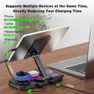 Бездротова зарядна станція 4-в-1 для iPhone, складаний тримач для планшета, індуктивне зарядне для iPhone 16/15/14/13/12/11 та iWatch