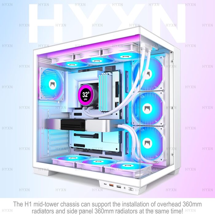 Корпус для ПК HYXN H1 ATX з 7 вентиляторами PWM ARGB, Mid Tower, Dual Chamber, Type-C, підтримка 3x360 мм кулерів (білий)