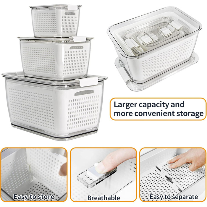 Freshness Food Storage Containers Set Refrigerator Organizer Reusable Storage Containers 3-Piece Set (0.5L+1.7L+4.5L) Plastic Refrigerator Organizer Set with Lid and Strainer (White, 3-Piece Set)