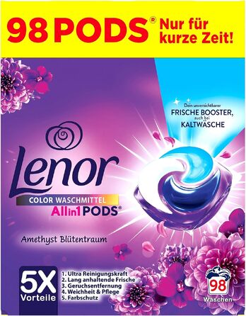 Капсули для прання кольорових речей Lenor All-in-1 PODS Amethyst Blütentraum, гігієнічне глибоке очищення та тривала свіжість, 98 шт
