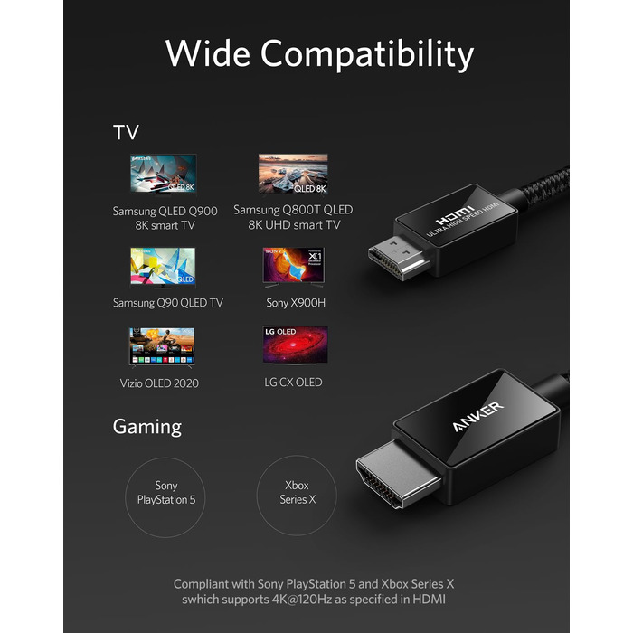 HDMI кабель Anker 8K 60Hz, 2м, Ultra HD, 48Gbps, eARC, Dolby Atmos, сумісний з Xbox Series X, TV