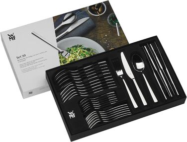 WMF Silk Stainless Steel Cutlery Set, 6 Place Settings, 30-Piece Dinner Set, Monobloc Knives, Cromargan Stainless Steel Satin Finish, Dishwasher Safe