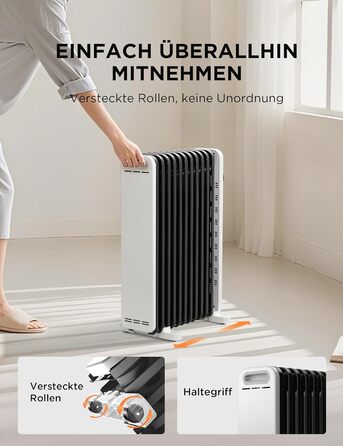 Електричний масляний радіатор Midea 2000W з 11 ребрами, 3 режими нагріву, термостат, захист від перекидання та перегріву, тихий, для дому та офісу