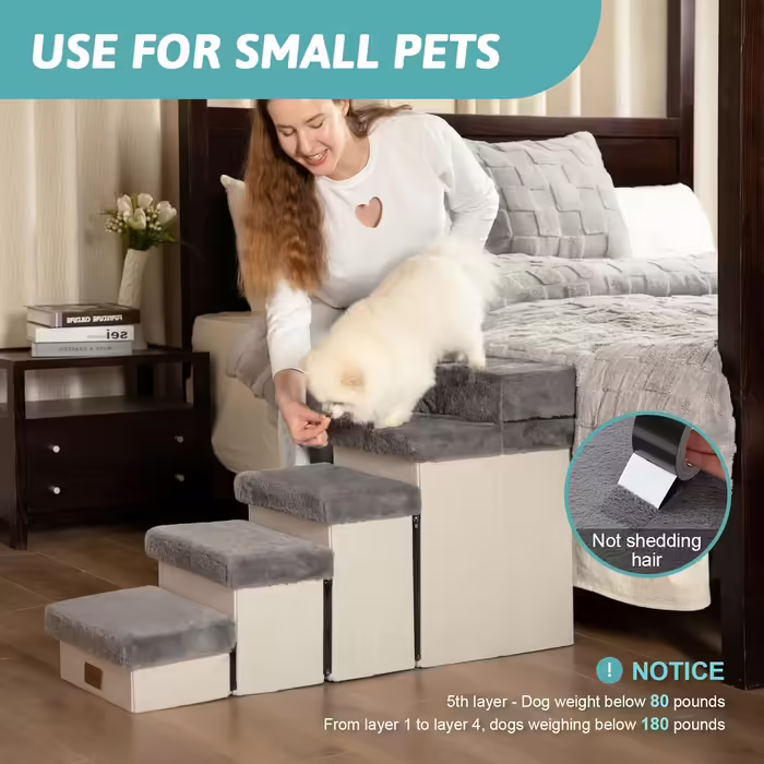 Pet Stairs for Small Dogs with Storage, Folding Dog Stairs for Bed Couch, Dog Stairs Dog Ramp with Non-Slip Bottom, Leak-Proof, Up to 80kg, Steps, (Grey, 5, 33x101x54cm)
