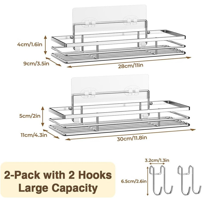 Підставка для душу без свердління 2 шт. з нержавіючої сталі SUS304, полиця для ванної кімнати, клейка