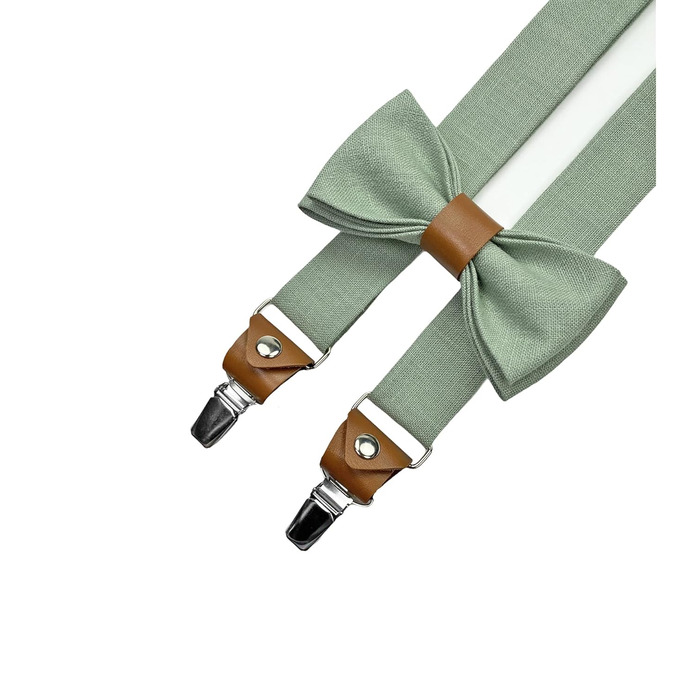 Набір чоловічих аксесуарів Leinen: краватка-метелик зі шкіри, підтяжки зі шкіри, нагрудна хустка, запонки - світло-зелений