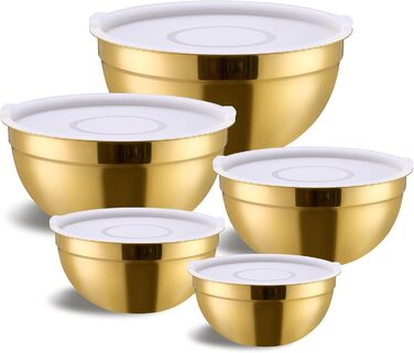 Набір міксерів Moxinox Gold з кришками, нержавіюча сталь, 5 штук. Ідеально для випічки, приготування та подачі їжі. Розміри: 5.5, 3.6, 2.7, 2.1, 1.5 л