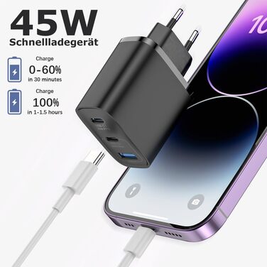Подвійний зарядний пристрій USB-C 45W GAN для iPhone/Samsung Galaxy, 3 порти, швидка зарядка PPS (чорний)
