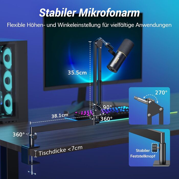 Мікрофон TONOR TD510+ для запису та стрімінгу: XLR/USB, динамічний, з кріпленням та кнопкою Mute, чорний
